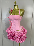 Newest Sexy Halter Pink Prom Gown Celebrity Club Two Piece Set Cocktail Elegant Fashion Luxury Birthday Party Club Bandage Dress