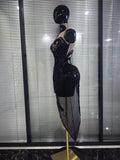 Shining Rhinestones Women Sexy Off the Shoulder Mesh See Through Bodycon Mid-calf Dress Nightclub Party Celebrate Stage Wear
