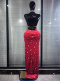 Red Black Women Sexy Halter Off the Shoulder Sparkly Crystal Velvet Bodycon Gowns Dress Celebrate Evening Party Red Carpet Wear