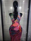 Shining Colorful Print Rhinestones Women Sexy Halter Backless Mesh Long Gowns Dress Nightclub Party Birthday Photoshoot Wear