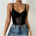Sexy Lace Patchwork Bodysuit Women Solid V-neck Sleeveless High Waist Slim Perspective Sling Top Lady New Chic Corset Bodysuits