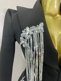 Sexy Sparkly Tassels Chains Black Suit Mini Dress Women Eveing Party Birthday Prom Nightclub Singer Performance Stage Costume