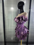 Purple Color Women Sexy Shining Rhinestones Mesh See Through Bodycon Mini Dress Sequined Celebrate Nightclub Party Birthday Wear