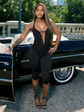 Sexy Swing Collar 2 Piece Set Women New Trend Hollow Halter Bandage Sleeveless Tank Top+Mid-Length Shorts Streetwear