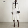 Hit Color Two Piece Set for Women O Neck Long Sleeve Patchwork Ruffles Hem Coat Long Skirt Office Lady Outfits Female New