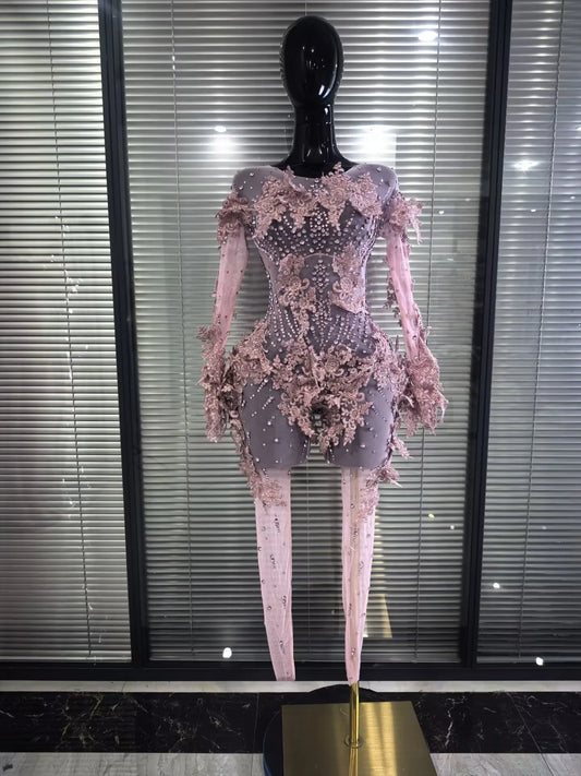 Women Sparkly Diamond Embroidery Long Sleeves Mesh Stretch Jumpsuit Evening Birthday Party Bar Nightclub Sexy Stage Show Wear