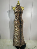 Women Sexy Eveing Party Club Birthday Stage Dress Elegant Halter Leopard Sleeveless Shiny Sequins Backless Bodycon Long Dress