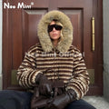 2026 Winter Hooded Striped Teddy Fur Coat Women Brand Street Fashion Girls Oversized Faux Lamb Fur Jacket Warm Overcoat