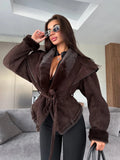 Women Brown Faux Fur Trim Suede Jacket Tie Belt Lapel Collar Long Sleeve Casual Chic Fall Winter Lady Commute Warm Outerwear New