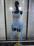 Blue Color Women Sexy Shining Crystal Sequins Fringes Bodycon Mini Dress Mesh See Through Celebrate Birthday Photoshoot Wear