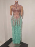 Sexy Sleeveless Mesh Ruffled See Through Long Dress Sparkly Rhinestone Eveing Birthday Party Nightclub Bar Singer Stage Costume