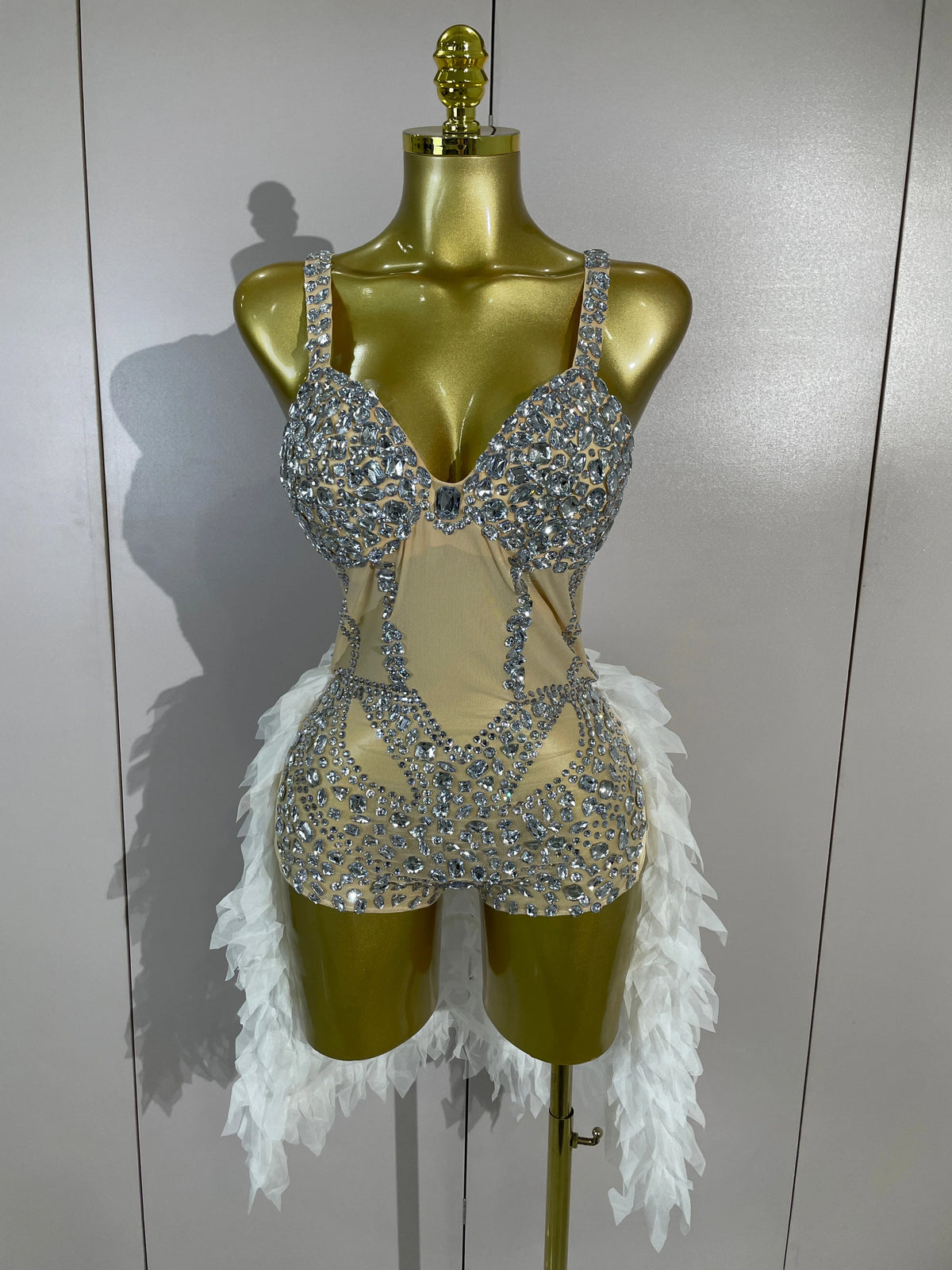 Women See Through Evening Nightclub Bar Party Dance Stage Dress Luxury Sparkly Rhinestones Mesh White Ruffles Patchwork Bodysuit