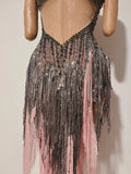 Singer Stage Nightclub Outfit Sexy Chic Gray Pink Glittering Beaded Fringed Halter Dress Performance Costume Dance Party