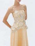 Elegant Two Piece Sets For Women Solid Splicing Embroidered Flower Strapless Top+Pleated Long Skirt Set Female New
