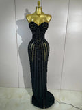 Sexy Sparkly Diamonds Black Strapless Mesh See Through Long Dress Evening Party Birthday Nightclub Photo Shoot Stage Costumes