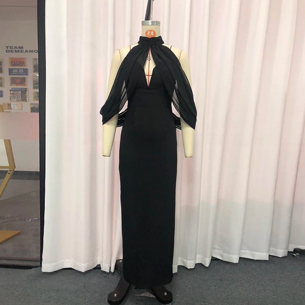 Award Ceremonies Black Halter Maxi Gown for Women Deep V Neck Sheer Cape Sleeves Backless Chiffon Skirts for Formal Galas