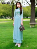 Women Aodai Vietnamese Traditionally Dress Long Qipao Two-piece Wide-leg Pants Cheongsam Aodai Dress Aodai Vetnam Clothing