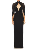 Award Ceremonies Black Halter Maxi Gown for Women Deep V Neck Sheer Cape Sleeves Backless Chiffon Skirts for Formal Galas