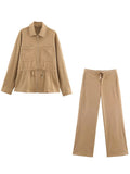 Two Piece Set for Women Stand Collar Long Sleeve Patchwork Drawstring Jacket High Waist Straight Pant Suit Female