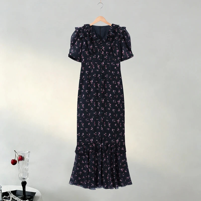 Floral Puff Sleeves Maxi Dresses Women's Slim Waist-cinching Hip-wrap V-neck Dress 2026 New Ladies Summer Vacation Outwear