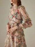 Patchworl Edible Tree Fungus Floral Dresses For Women Round Neck Long Sleeve High Waist Temperament Folds Mesh Dress Female