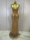 Sexy Halter Sparkly Diamonds Golden Mesh Sequins Maxi Long Dress Women Elegant Evening Party Birthday Luxury Wedding Guest Gown