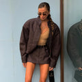 Collar Zip Cropped Women 2pcs Suede Matching Set Oversized Long Sleeve Jacket Belt Detail Mini Skirt Two Piece Sets Daily Jacket