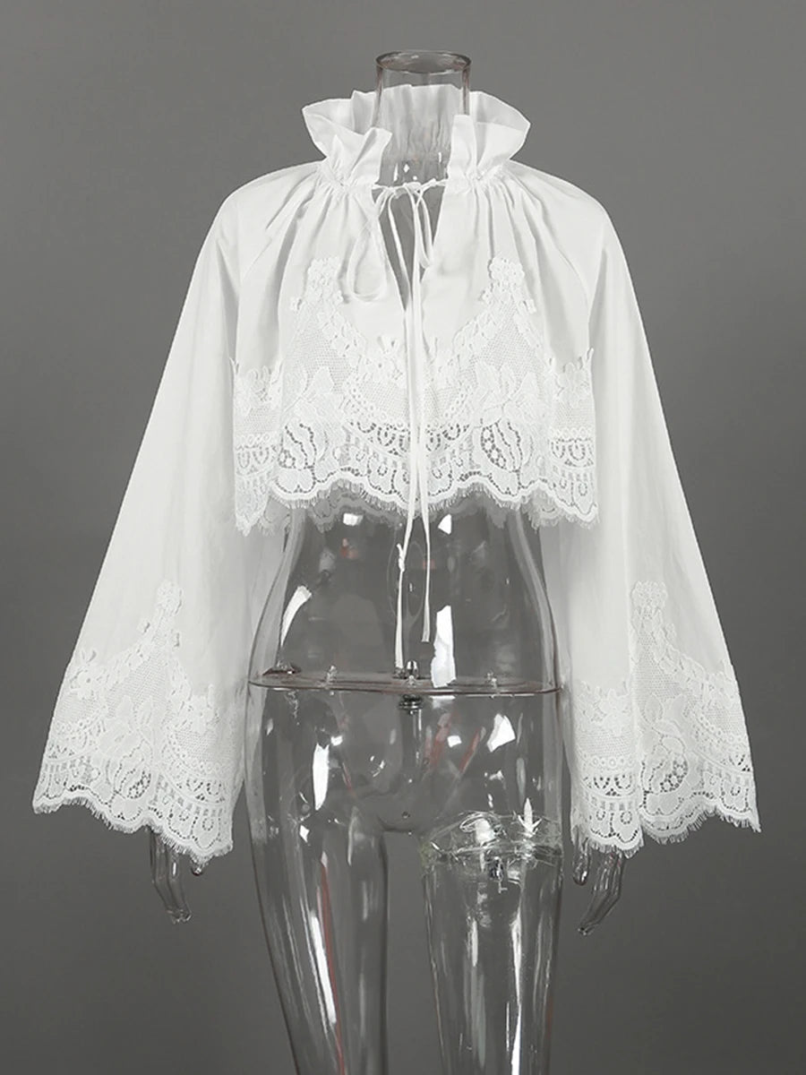 Elegant Lace Women Shirts Stand Collar Long Sleeve Lace Up Minimalist Loose Shirt for Daily Casual Wear Fashion New