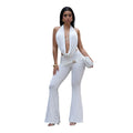 Women's Ruched Pant Set Brown Halter Crop Top And Flared Trouser Two-Piece Set Elegant V-neck Design Cut-Out Club Outfits