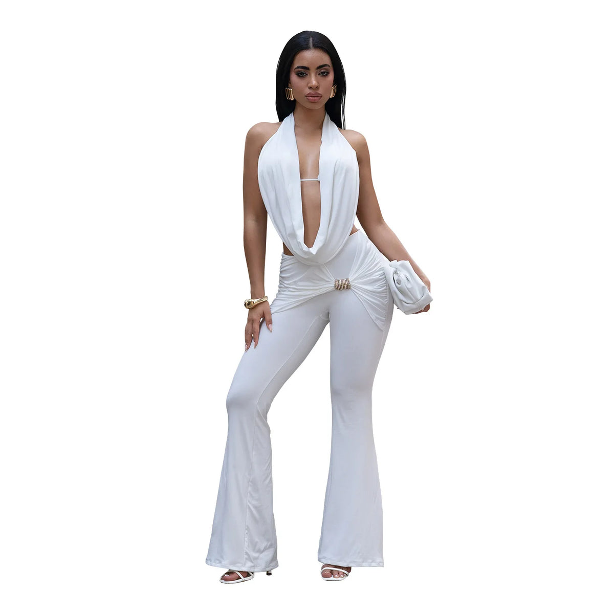 Women's Ruched Pant Set Brown Halter Crop Top And Flared Trouser Two-Piece Set Elegant V-neck Design Cut-Out Club Outfits