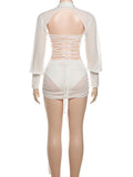 Sexy Backless Dress Women Polo-Neck See Through Full Sleeve Ruched Kink Ribbon Midnight Club Party Solid Mini Bodycon