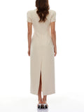 Apricot Mandarin Collar Maxi Dress for Women Short Sleeve Beaded Embroidery Tailored Waist Back Slit Design for Formal Event