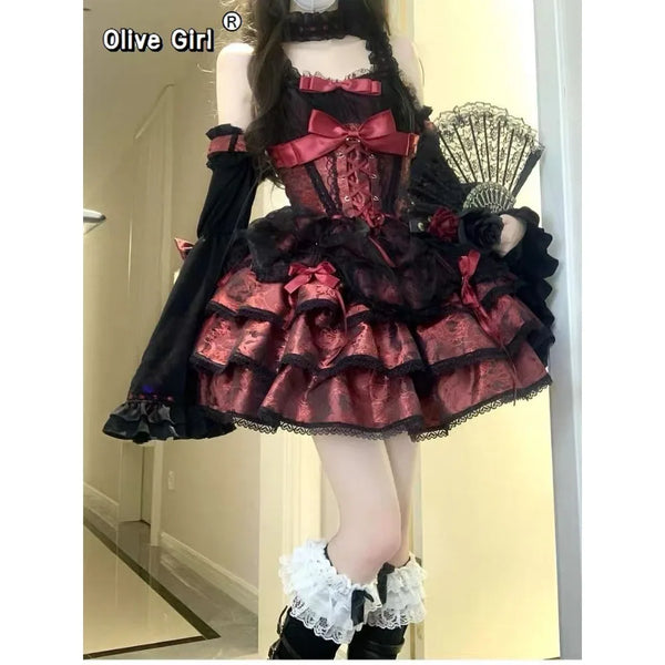Olivegirl Black and Red Lolita Dress JSK Sweet Hotsweet Iolita Dress Cute Anime Cosplay Female Dress Birthday Party Party