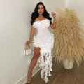 Women Summer Strapless Ruffles Tassel Dress Women Glamour Red 3D Flower Irregular Party Dress Celebrity Outfits Clubwear