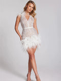 2026 Women's Luxury Rhinestone Feather Sequin Embroidered White Mesh Dress Glam Fashion Celebrity Party Evening Performance Gown