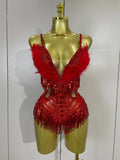 2026 New Sexy Nightclub Bar DJ Performance Dancer Stage Costume Sparkly Rhinestones Feathers Tassels Mesh See Through Bodysuits