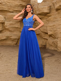 Sleeveless Evening Dresses V-Neck Sequined Embroidery Long Party Gown Clothing Elegant Mesh A-Line Formal Wedding Dress