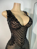 Luxury Rhinestones Mesh Short Dress Women Sexy Transparent Performance Stage Costume Black V Neck Nightclub Birthday Clothes