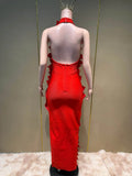 Elegant 3D Flower Applique Halter Maxi Dress Sexy Off Shoulder Backless Ruffled Bodycon Bandage Celebrity Evening Party Gowns