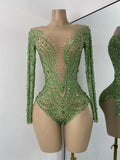 Sparkly Rhinestones Luxury Women Strecht Bodycon Sexy Long Sleeves Singer Performance Stage Nightclub Outfit Dancer Costume