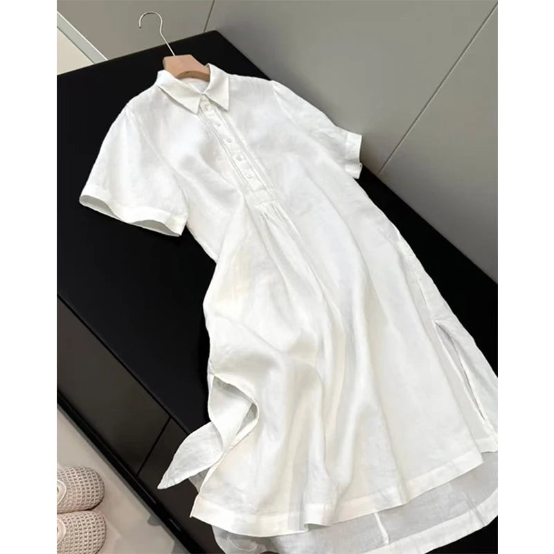Original: 100% Linen, High-quality, Summer New Women's Clothing Series Short-sleeved Linen Blouse-style Dress