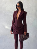 Elegant Office Dress Women Sexy Single-Breasted Hidden Buttons V-Neck Full Sleeve Folds Fashion Commute Bodycon