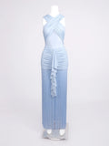 Women's Sky Blue Rhythm Fringed Long Maxi Dress 2026 New Sleeveless Ruffle Tassels Night Out Dress Clubwear Outfits