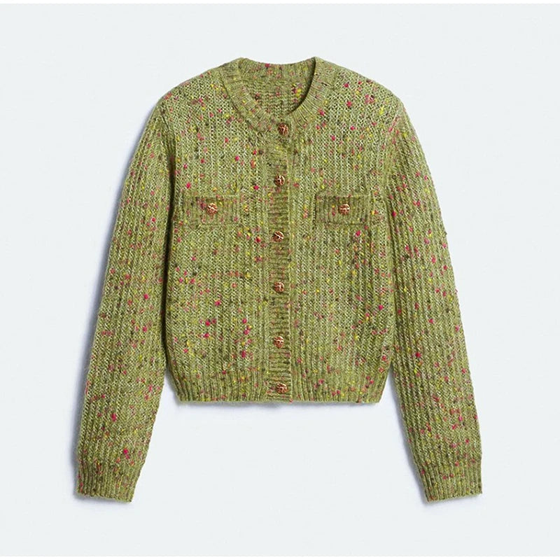 Women Crew Neck Knit Cardigan Single‑Breasted Metal Buttons Long Sleeve Cropped Sweater Coat Pockets Casual Knitwear Outerwear