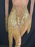 Sparkly Rhinestone Golden Sequins Tassel Sexy Transparent Dress Women Evening Birthday Party Nightclub Dance Singer Stage Outfit