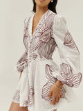 Casual V Neck Floral Embroidery Puff Long Sleeves Mini Dress for Women Lace Trim Button Front Dresses for Summer Vacation