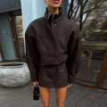 Collar Zip Cropped Women 2pcs Suede Matching Set Oversized Long Sleeve Jacket Belt Detail Mini Skirt Two Piece Sets Daily Jacket