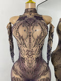 Sparkly Crystals Women Sexy with Sleeves Stretch Mesh See Through Jumpsuit Nightclub Stage Wear Performance Dance Costume