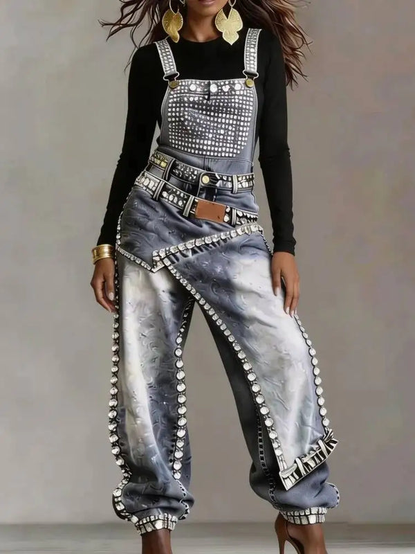 Women Denim Jumpsuit Sleeveless High Waist Baggy Rhinestone Irregular Patchwork Streetwear Party Summer