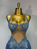Sparkly Blue Rhinestone Tassel Mesh See Through Dress Pole Dancer Singer Outfit Women Sexy Evening Party Club Stage Costume